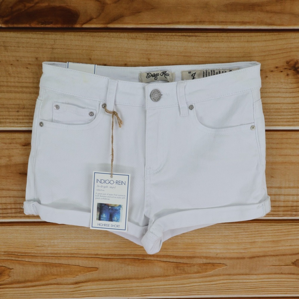 Indigo Rein Shorts High Rise Cuffed Juniors 7 White Denim Cotton Blend Pockets